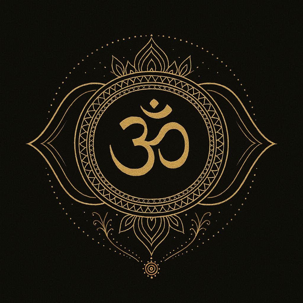 Ajna - Le Symbole du Chakra du Troisième Œil- Yantra sacré d’Ajna, Chakra du Troisième Œil, représentant le symbole Om au centre d’un cercle entouré de deux pétales stylisés en lignes dorées sur fond noir.