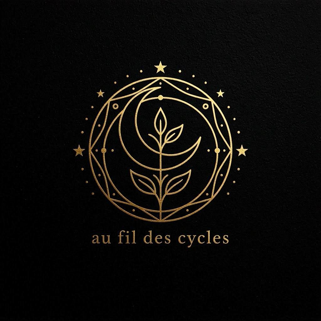 Symbole Au Fil des Cycles représentant une lune croissante, une jeune pousse et un cercle symbolisant les cycles naturels, les saisons et le mouvement du vivant.