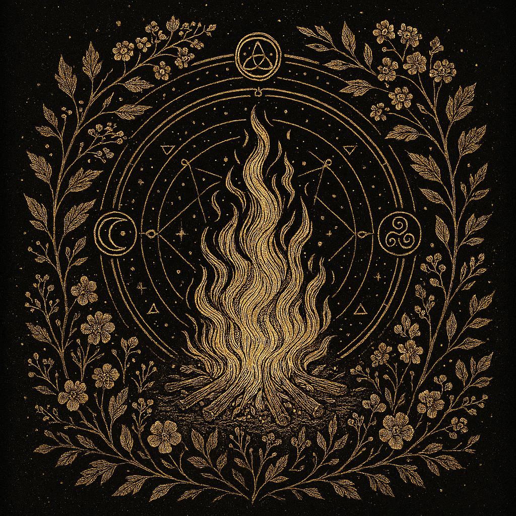 Illustration symbolique de Beltane avec feu sacré entouré de fleurs et symboles celtiques