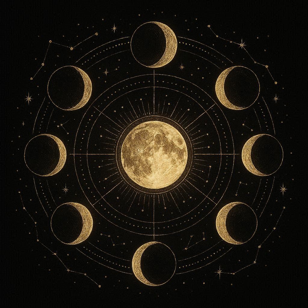 Phases des cycles lunaires autour d'une pleine lune dorée sur fond noir