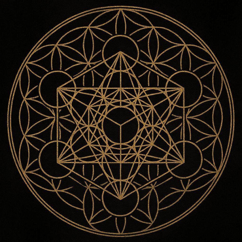 Représentation de la géométrie sacrée associant la Fleur de Vie et le Cube de Métatron dans l'univers d'Alchymia Elyanna.