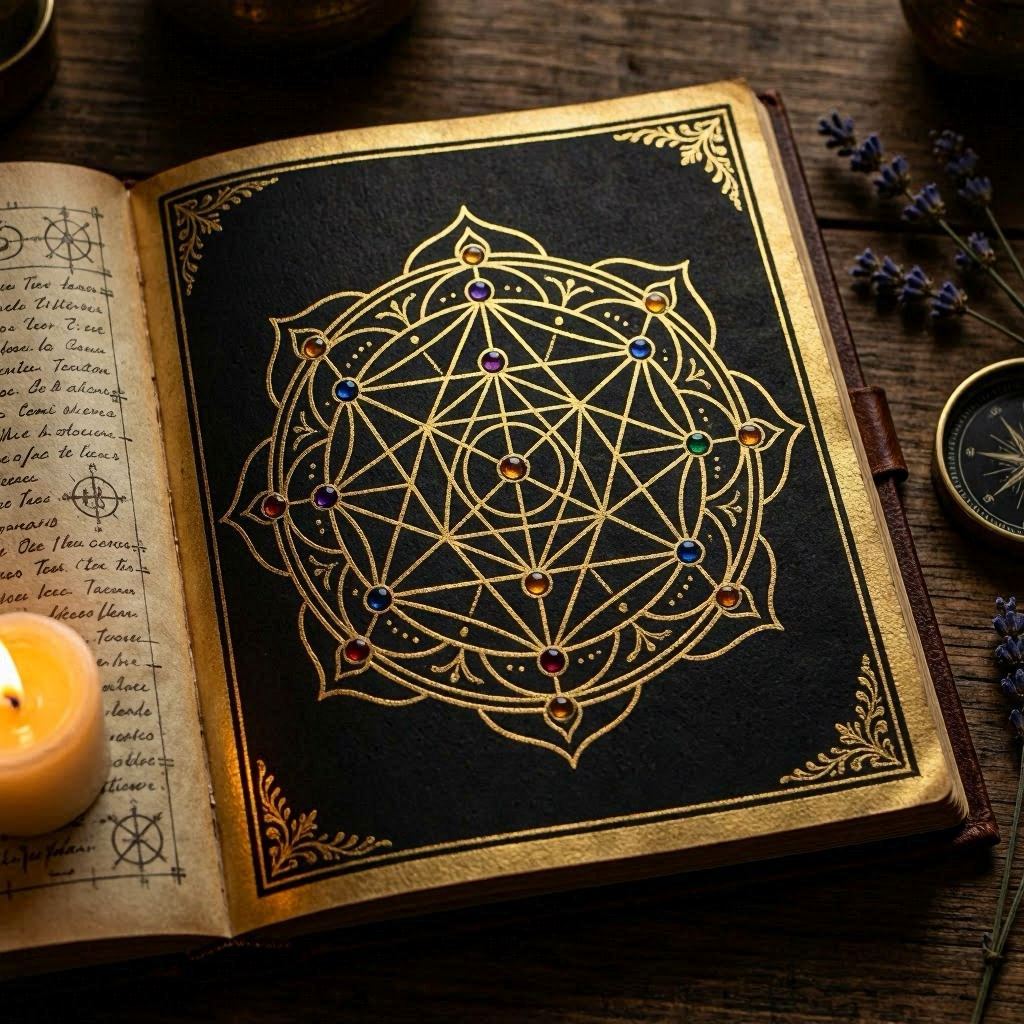Les Chakras et leurs correspondances : Yantra des sept chakras dans un grimoire ancien, géométrie sacrée dorée sur fond sombre