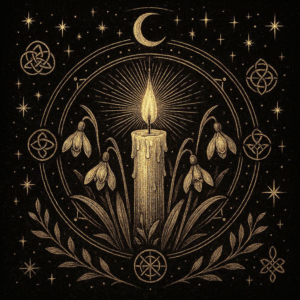Illustration sacrée d'Imbolc avec bougie centrale, perce-neige et symboles celtiques