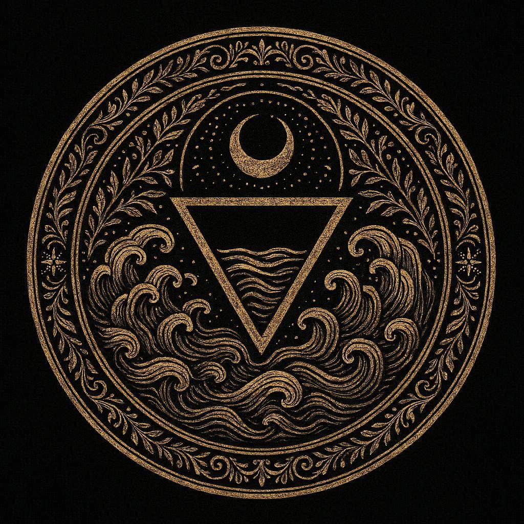 L'Eau : Illustration symbolique de l’élément Terre dans l’univers d’Alchymia Elyanna. Le symbole alchimique traditionnel est entouré d’une montagne, de racines et de cristaux évoquant l’ancrage, la stabilité et la croissance.
