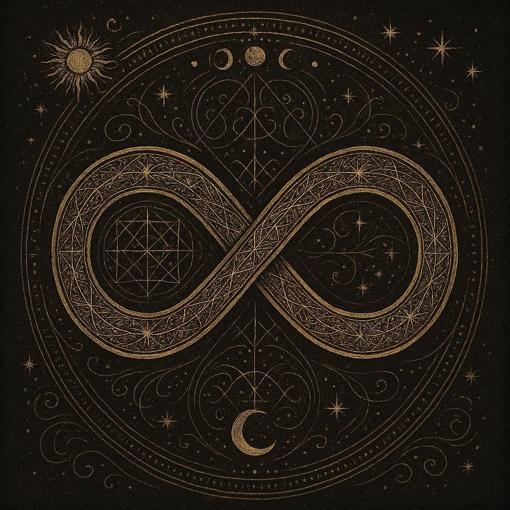 Symbole de L'Infini doré représentant l'éternité, l'équilibre et les cycles de transformation dans le Grimoire d'Alchymia Elyanna.