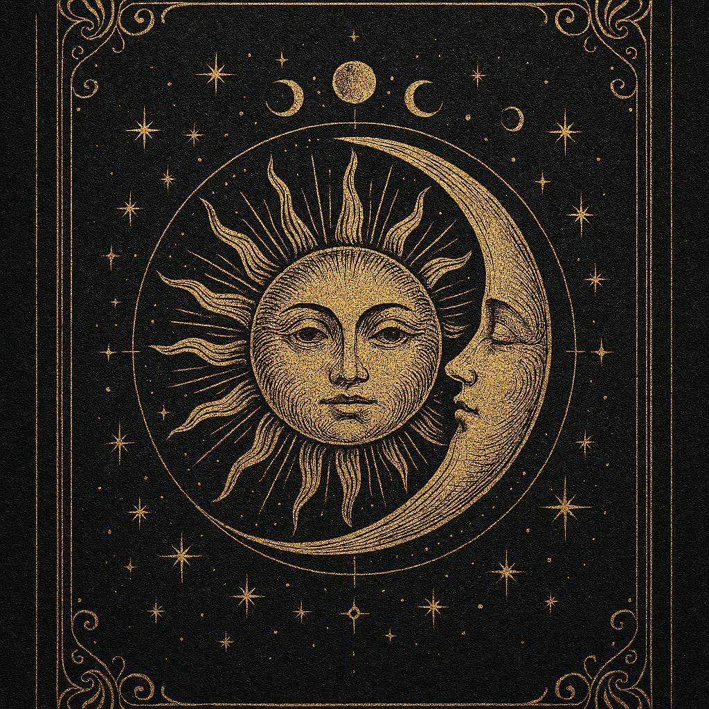 Symbole de l'Union du Soleil et de la Lune représentant l'équilibre entre lumière et intuition dans le Grimoire d'Alchymia Elyanna.