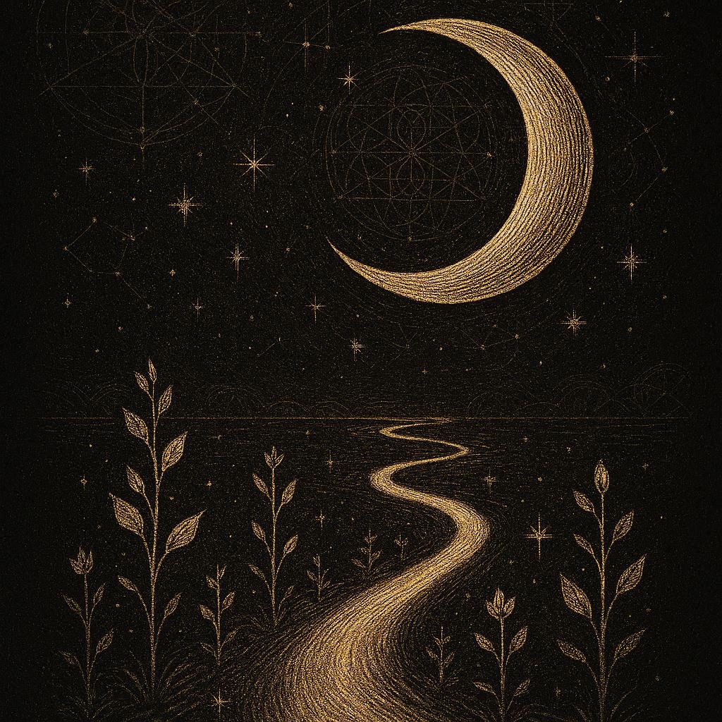 Symbole sacré de la Lune Croissante, représentant un chemin lumineux guidé par la lune vers l'expansion, la croissance et la réalisation des intentions