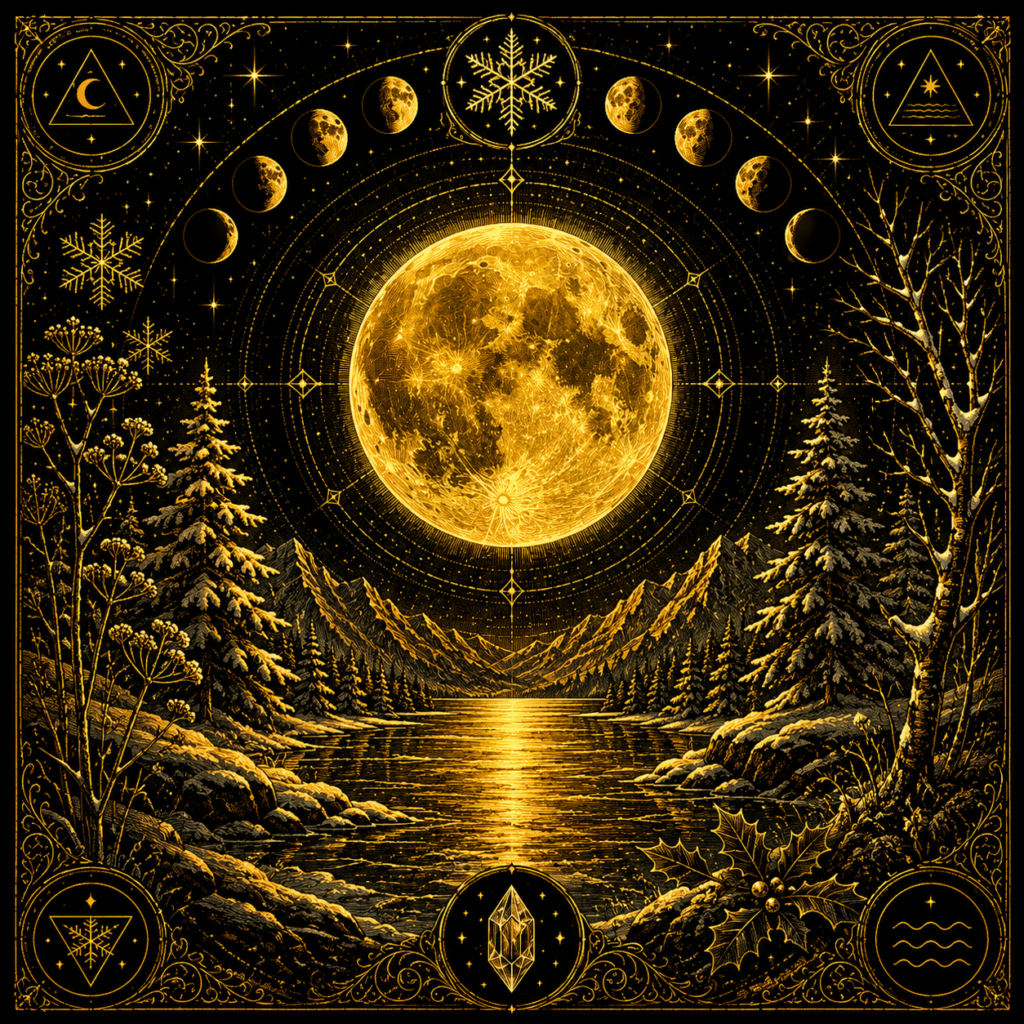 Illustration symbolique de la Pleine Lune Froide avec paysage hivernal, lune dorée et géométrie sacrée.