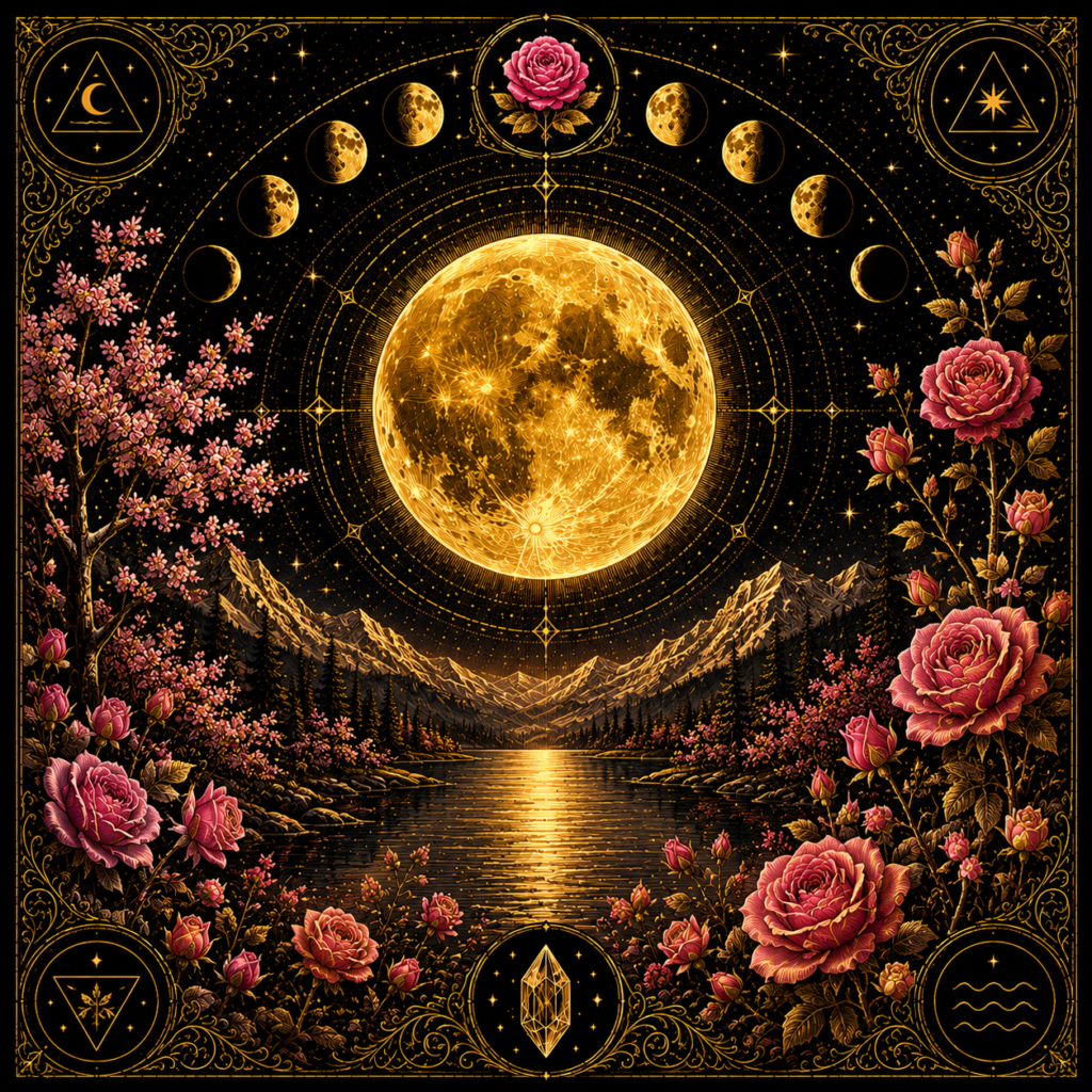 Illustration symbolique de la Pleine Lune Rose avec fleurs printanières, lune rosée et géométrie sacrée.