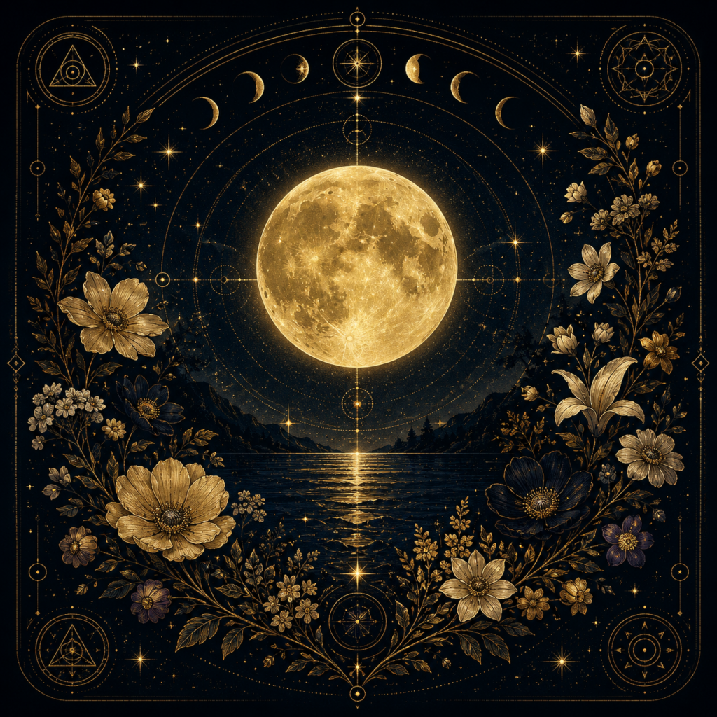 Illustration symbolique de la Pleine Lune des Fleurs entourée de fleurs printanières sous un ciel étoilé.