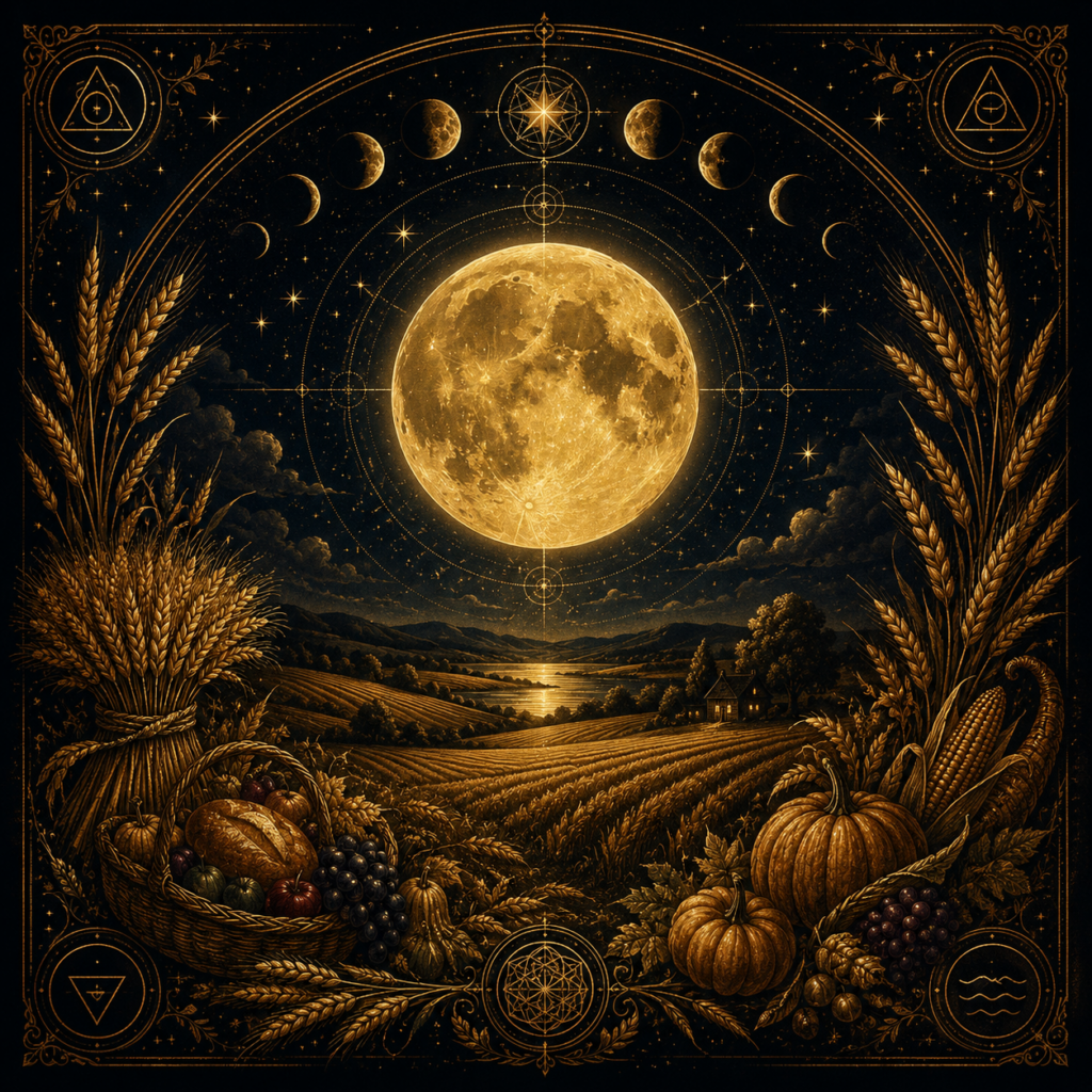 Illustration symbolique de la Pleine Lune des Moissons au-dessus d'un champ doré, symbole d'abondance, de gratitude et de récolte.