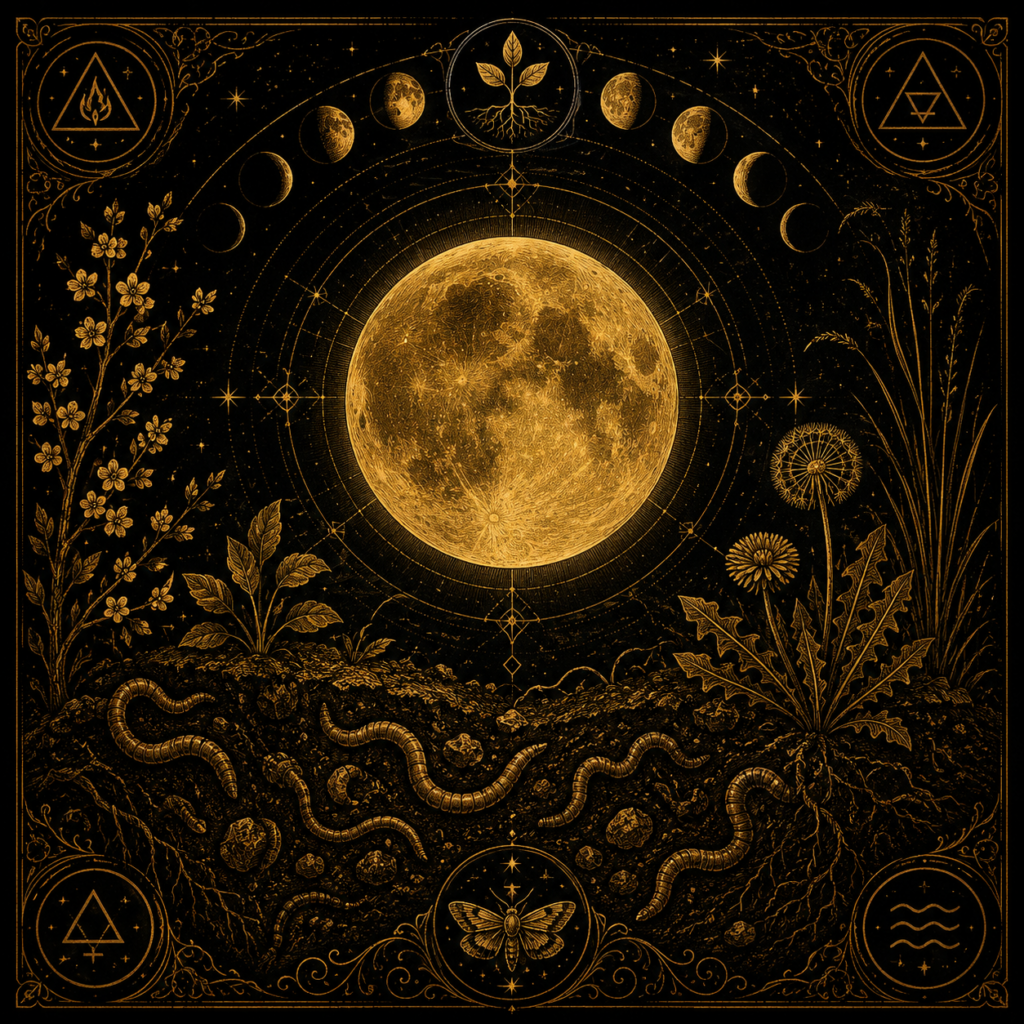 Illustration symbolique de la Pleine Lune des Vers, annonçant le réveil de la terre et le retour à la vie.