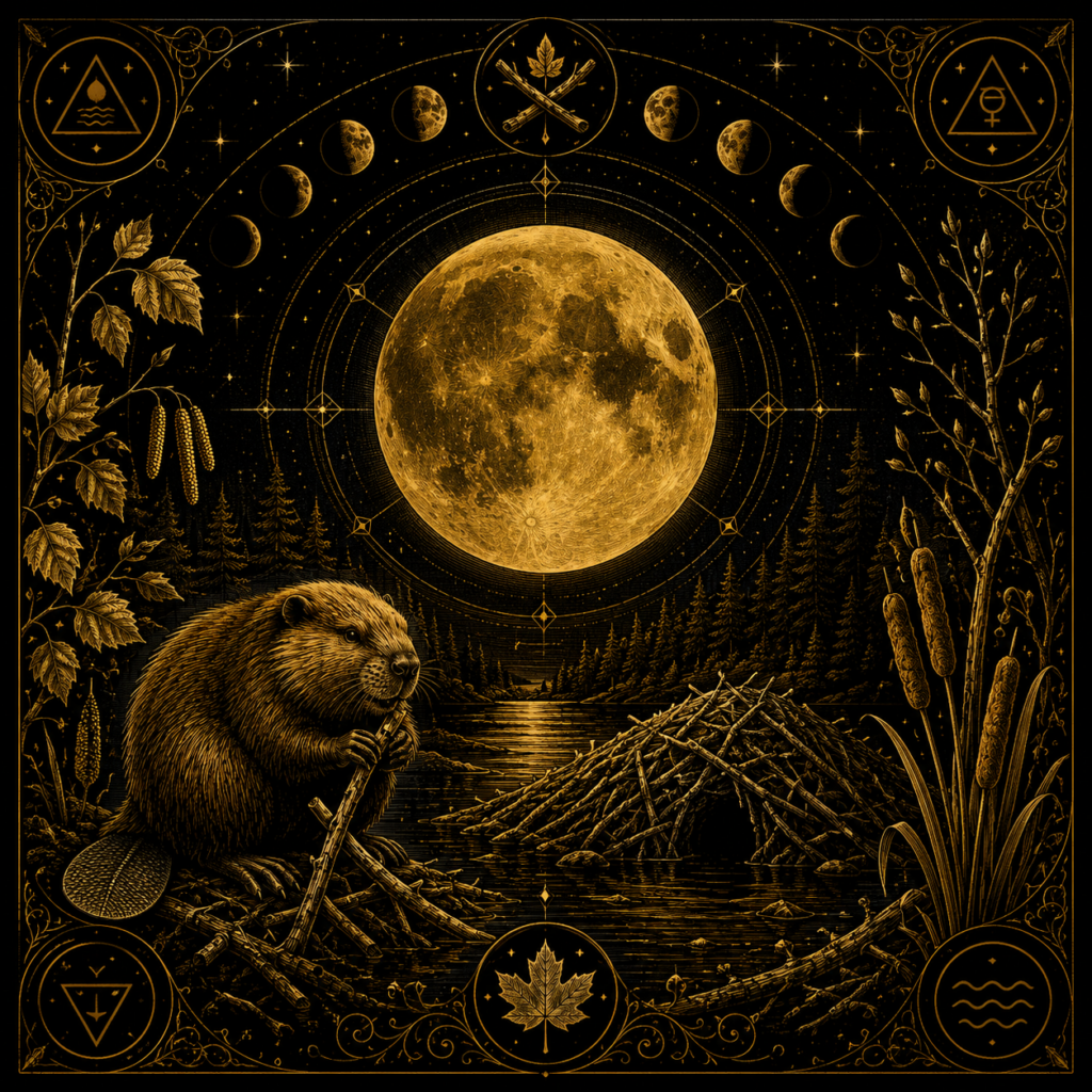 Illustration symbolique de la Pleine Lune du Castor, représentant la préparation, la construction et l'anticipation de l'hiver.