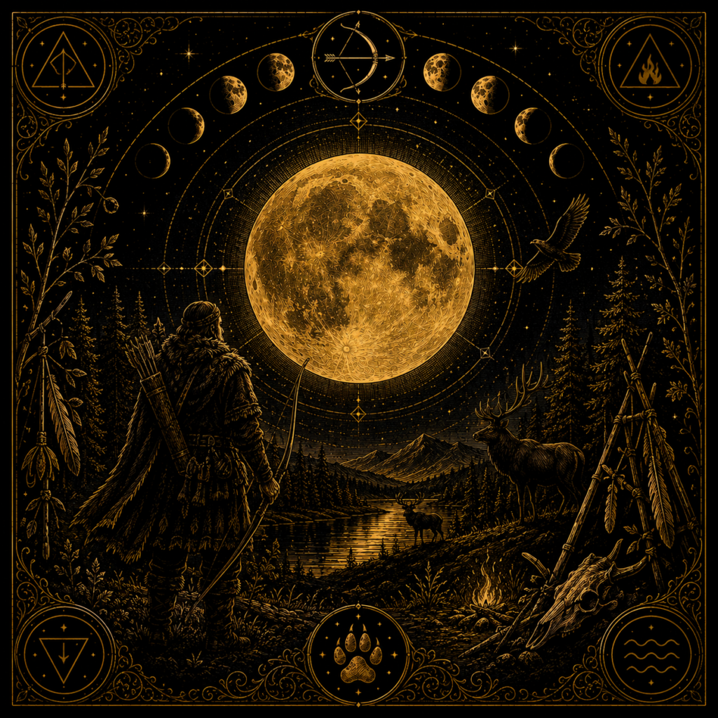 Illustration symbolique de la Pleine Lune du Chasseur, représentant l'observation, le discernement et la préparation aux mois d'hiver.