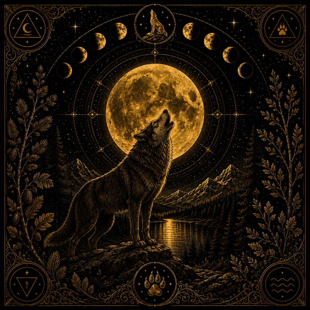Illustration symbolique de la Pleine Lune du Loup, représentant l'intuition, la résilience et la force du lien avec sa nature profonde.