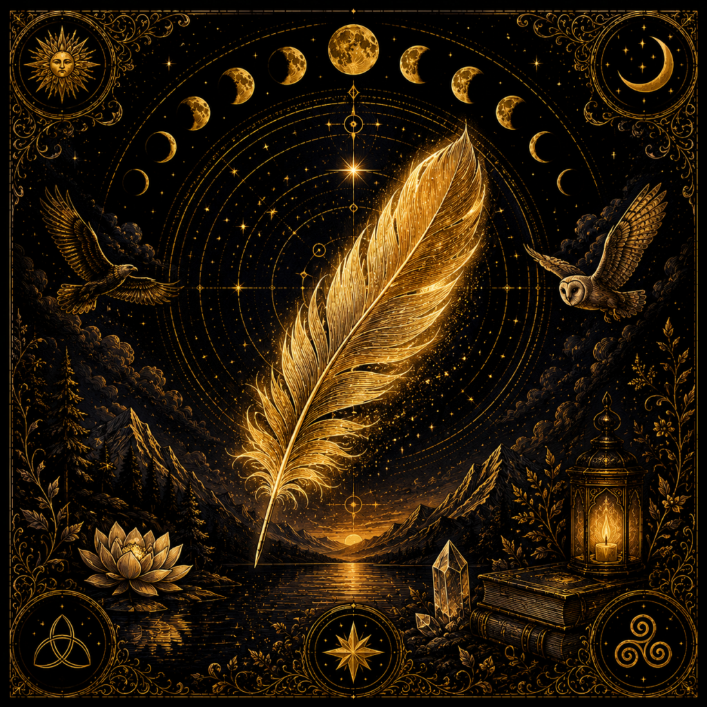 Illustration symbolique d'une plume dorée entourée de géométrie sacrée, d'oiseaux et de symboles célestes.