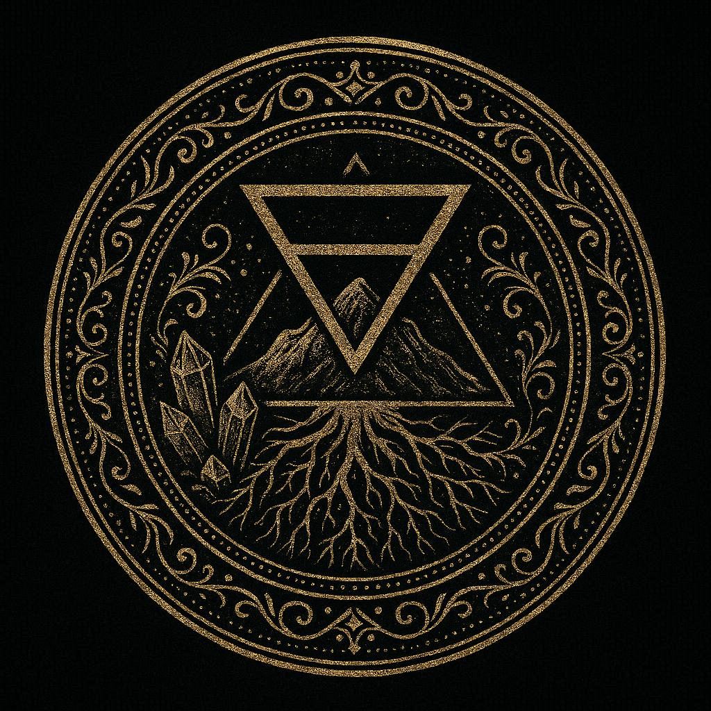 La Terre : Symbole sacré de l’élément Terre, montagne, racines et cristaux dans un médaillon de géométrie sacrée sur fond noir.