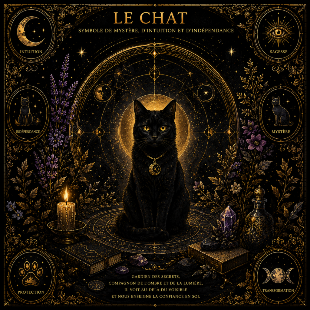 Illustration symbolique du Chat, archétype de l'intuition, du mystère, de l'indépendance et de la protection spirituelle.