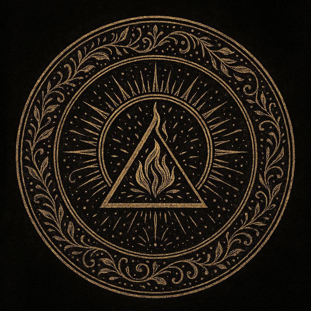 Le Feu : Symbole sacré de l’élément Feu, flamme centrale, rayons solaires et symbole alchimique du feu dans un médaillon de géométrie sacrée sur fond noir.