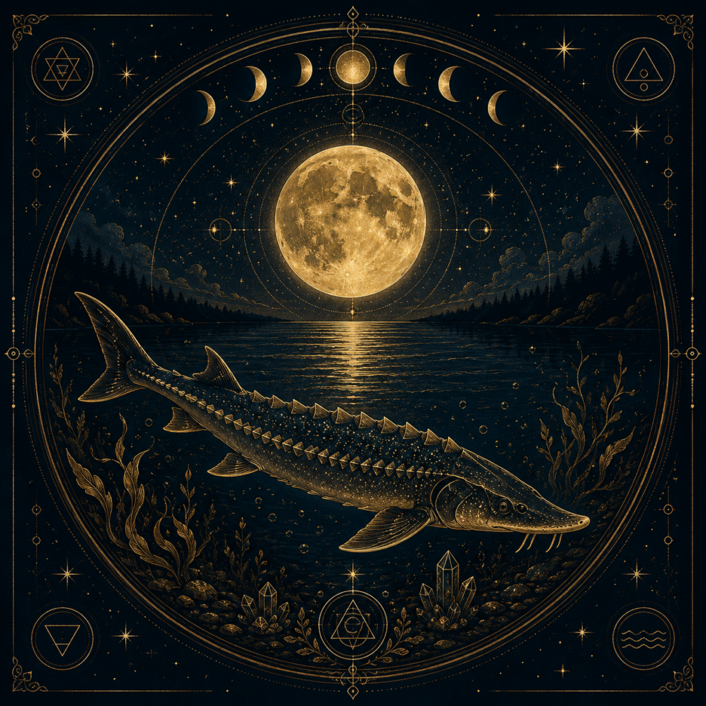 Illustration symbolique de la Pleine Lune de l'Esturgeon, représentant un esturgeon sous une pleine lune dorée dans un univers alchimique.