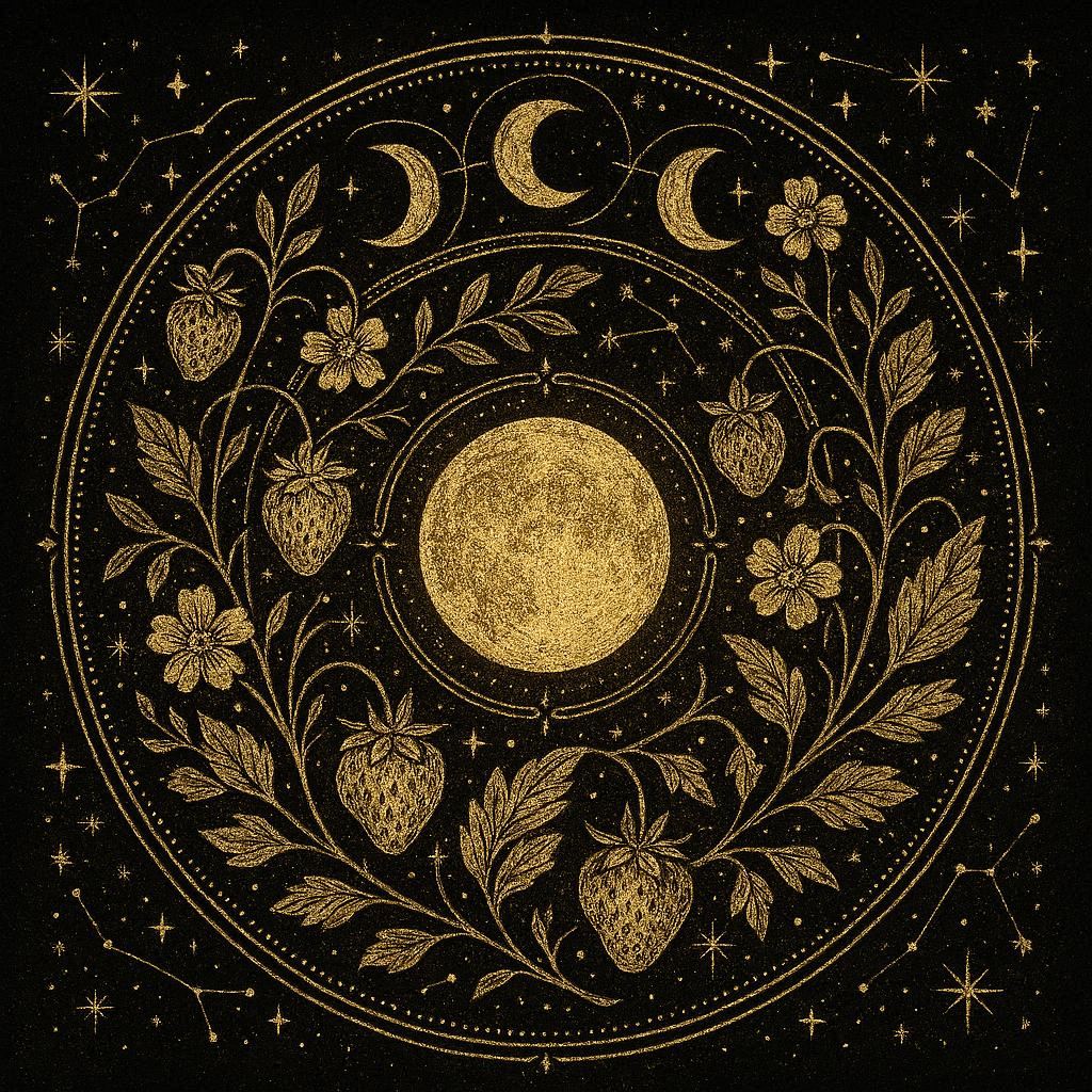 Illustration symbolique de la Pleine Lune des Fraises entourée de phases lunaires, feuilles et fraises stylisées dans un style de grimoire doré.