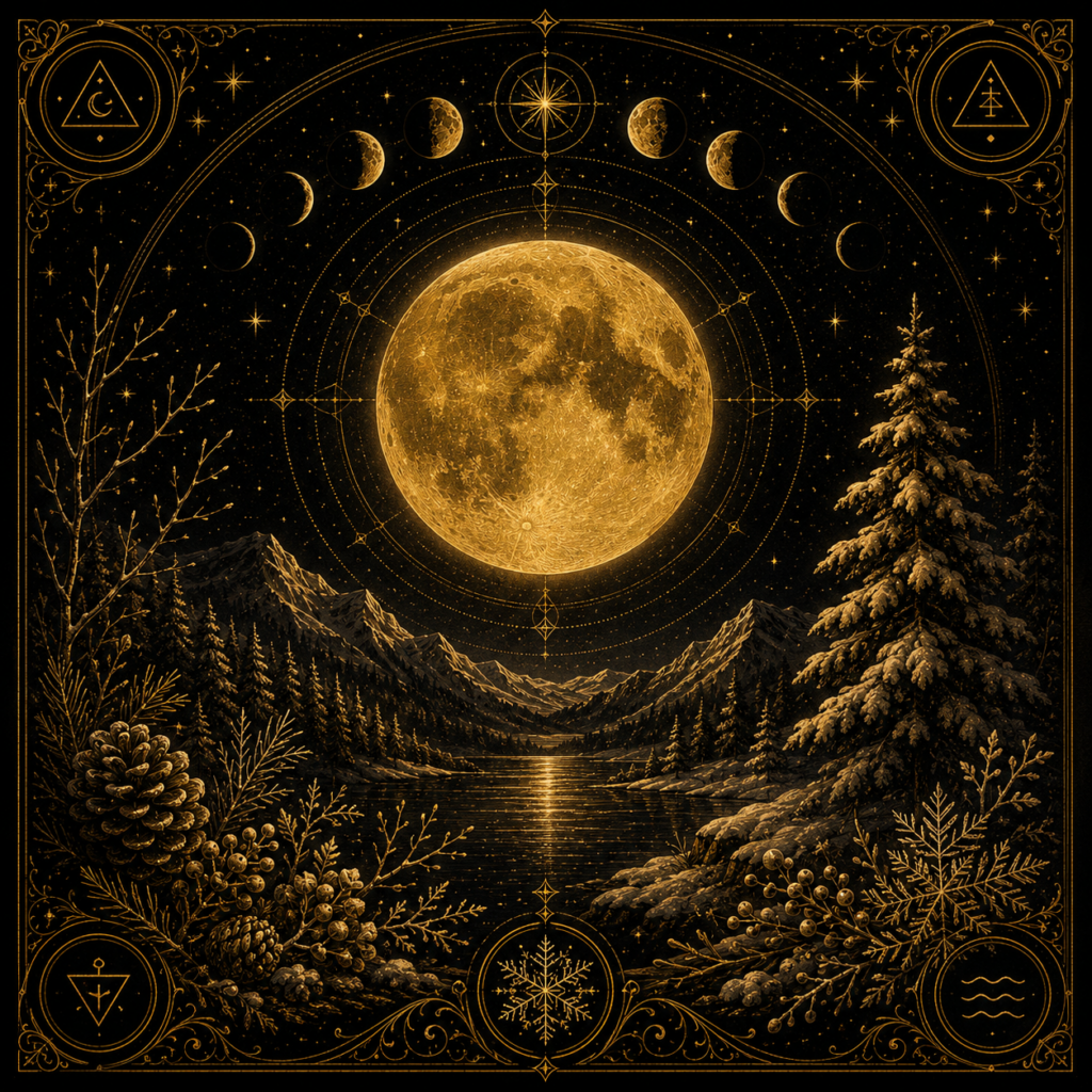 Illustration symbolique de la Pleine Lune des Neiges dans un paysage hivernal, symbole d'introspection, de silence et de renouveau.