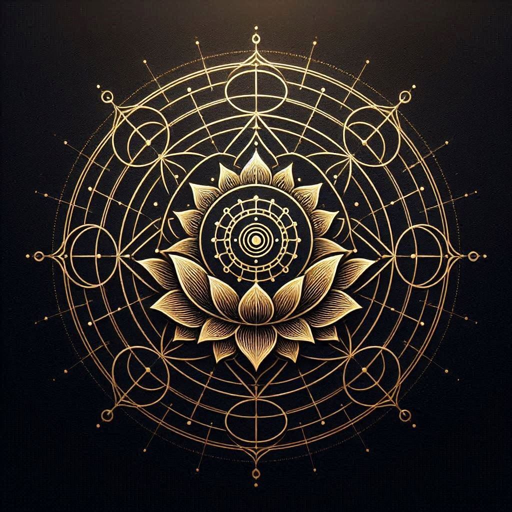 Sahasrara - Chakra Couronne : Yantra de Sahasrara représentant un lotus rayonnant entouré de géométrie sacrée, symbole du chakra couronne, de la conscience et de l'unité.
