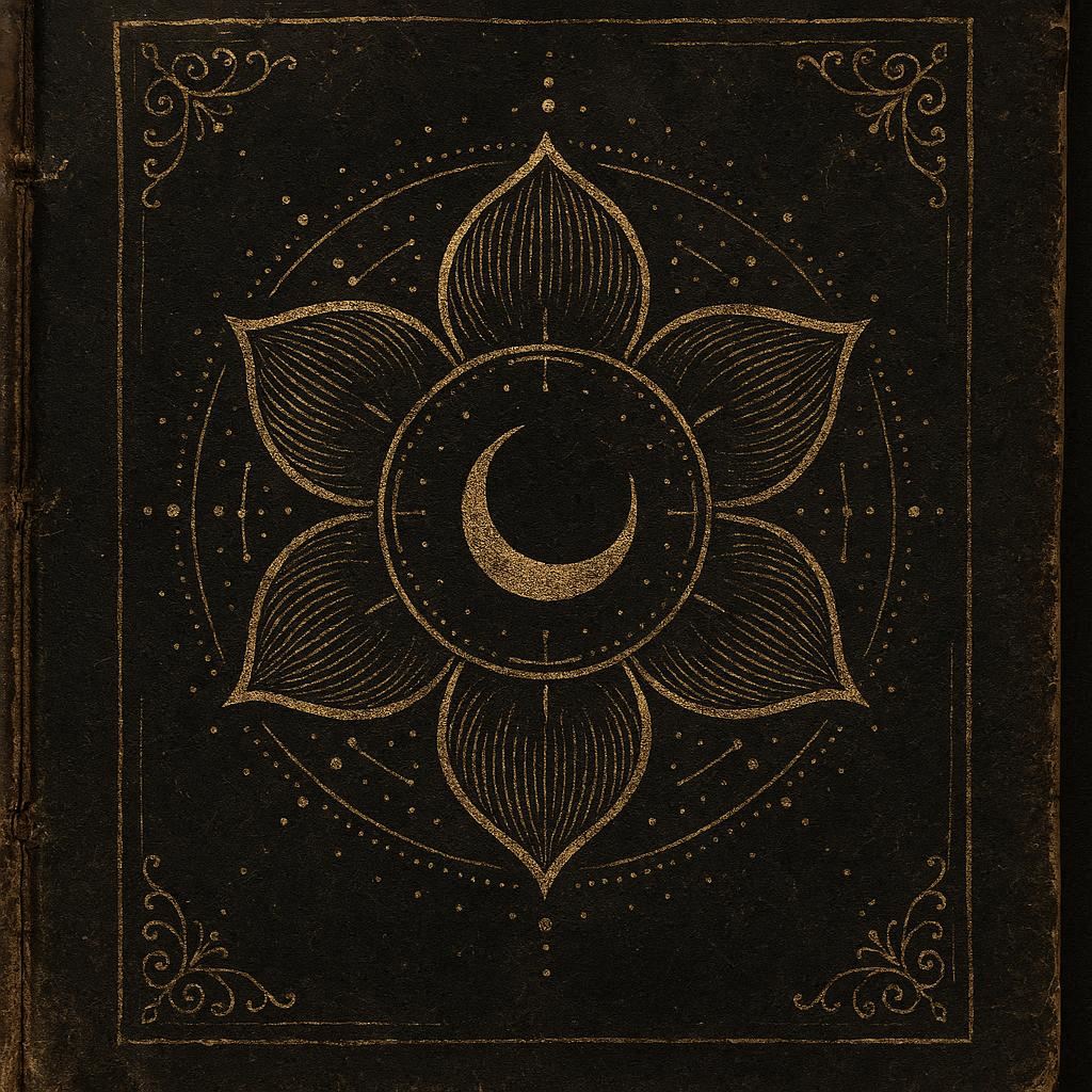 Svadhisthana - Le Symbole du Chakra Sacré, yentra lotus à six pétales, lune croissante et symbole de l'eau dans un style grimoire doré sur fond sombre.