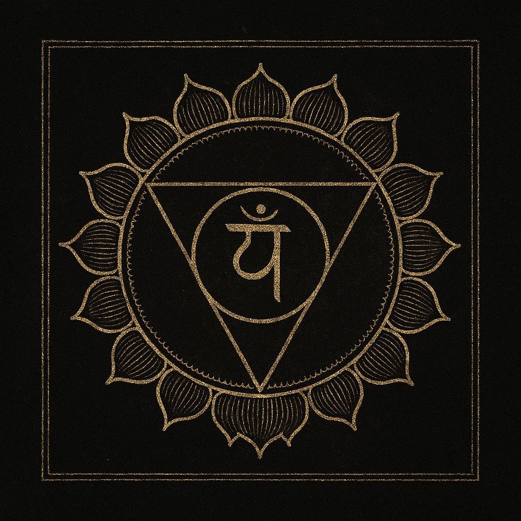 Vishuddha - Le Symbole du Chakra de la Gorge, lotus à seize pétales, cercle central et triangle inversé, symbole de l’expression, de la communication et de l’élément Akasha.