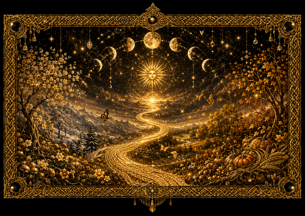 Au fil des cycles : Chemin doré traversant les quatre saisons sous les phases de la Lune et le Soleil, entouré d’un cadre tissé lumineux.