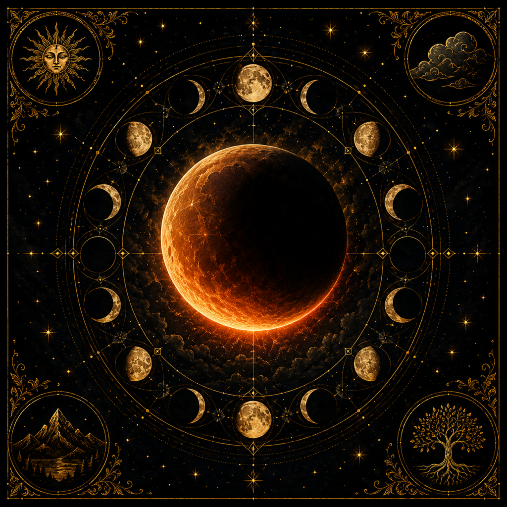 Eclipses Lunaires : Illustration symbolique d'une Eclipse Lunaire, représentant la rencontre de l'ombre et de la lumière au coeur des dycles célestes.