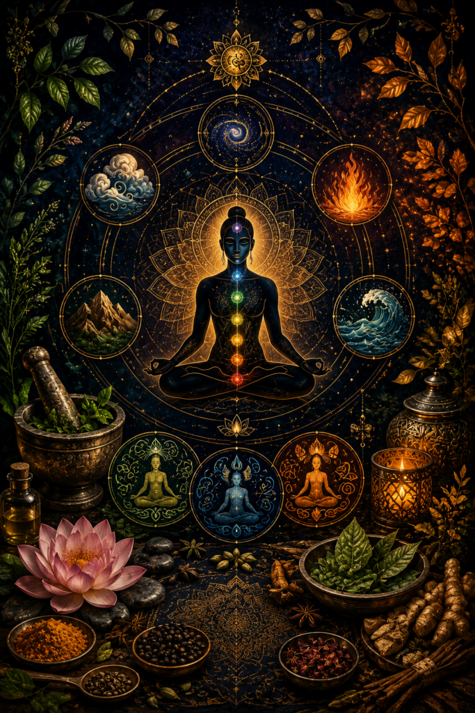 Illustration symbolique de l'Ayurvéda représentant les cinq éléments, les doshas, les chakras, les plantes médicinales et l'harmonie du vivant.