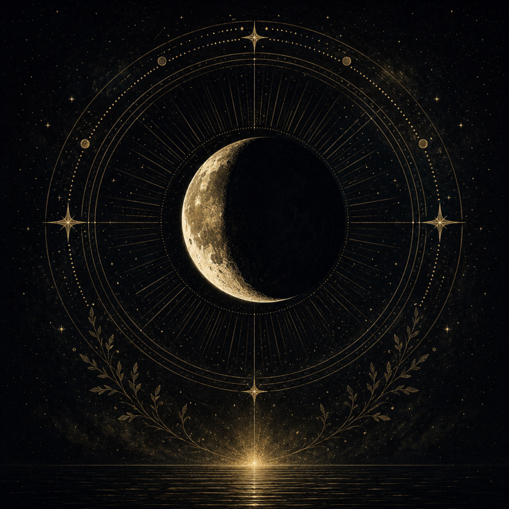 Illustration symbolique de la Lune décroissante, représentant le lâcher-prise, l'intégration, le repos intérieur et la préparation à un nouveau cycle.
