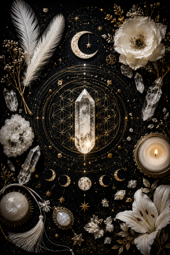 Illustration symbolique du blanc, entouré de cristaux, de fleurs, de plumes et de symboles dorés dans un univers alchimique noir et or.