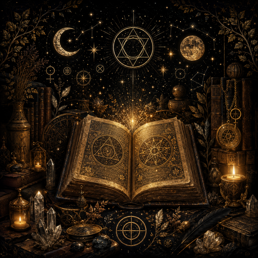 Illustration symbolique du Grimoire d'Alchymia Elyanna représentant un livre ancien entouré de symboles, d'astres, de cristaux et de traditions, invitant à explorer les correspondances du vivant.