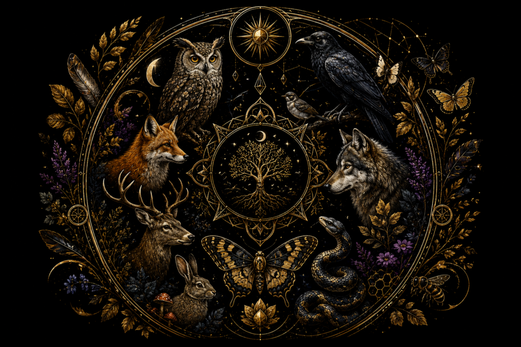 Illustration symbolique du monde animal représentant différents animaux entourés de motifs dorés, d'éléments végétaux et de symboles célestes sur un fond noir, évoquant les traditions et les correspondances du Grimoire d'Alchymia Elyanna.
