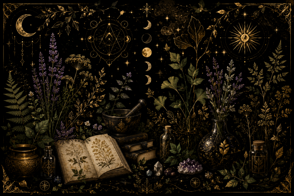 Illustration symbolique du Monde végétal représentant les plantes, les fleurs, les arbres, les herbes, les graines et leurs correspondances au sein du Grimoire d'Alchymia Elyanna.
