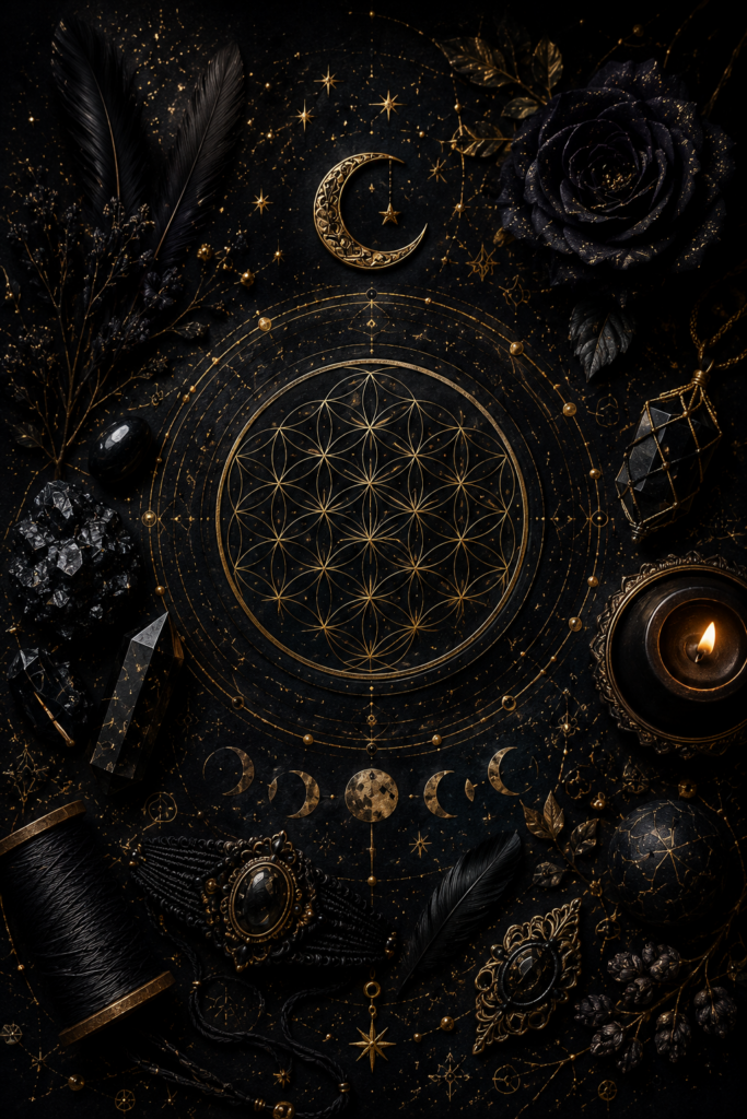 Illustration symbolique du noir, entouré d'éléments naturels, de pierres et de symboles dorés dans un univers alchimique noir et or.