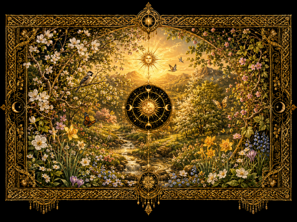Illustration dorée du printemps avec cadre tissé, fleurs en floraison, soleil rayonnant, ruisseau, oiseaux et papillons dans l’univers d’Alchymia Elyanna.