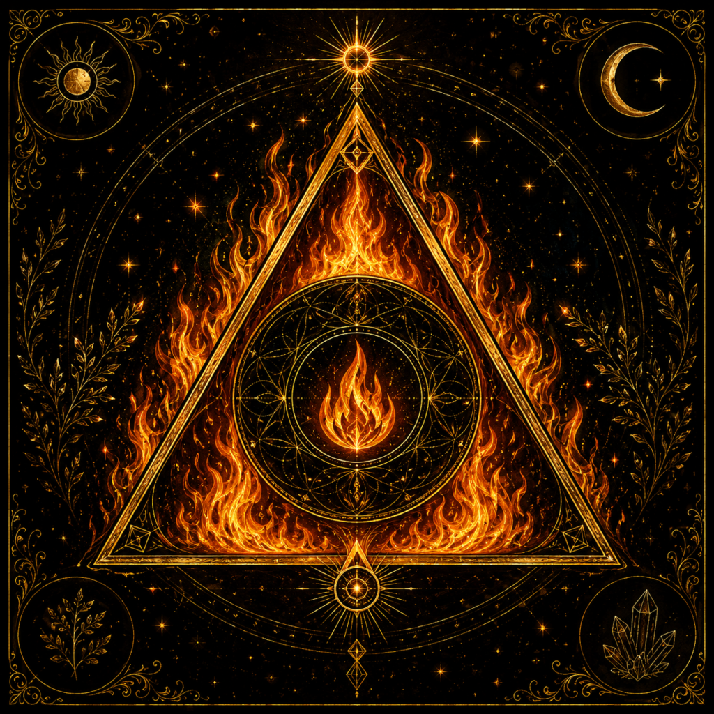 Illustration symbolique du Triangle du Feu, archétype de la volonté, de la transformation, du courage et de l'énergie créatrice.