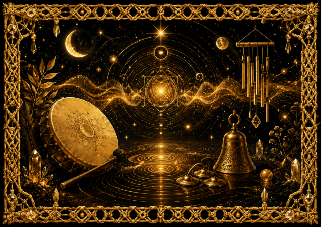 Composition lumineuse consacrée aux sons avec tambour, cloche, carillons, cymbales et ondes dorées, entourée d’un cadre tissé.