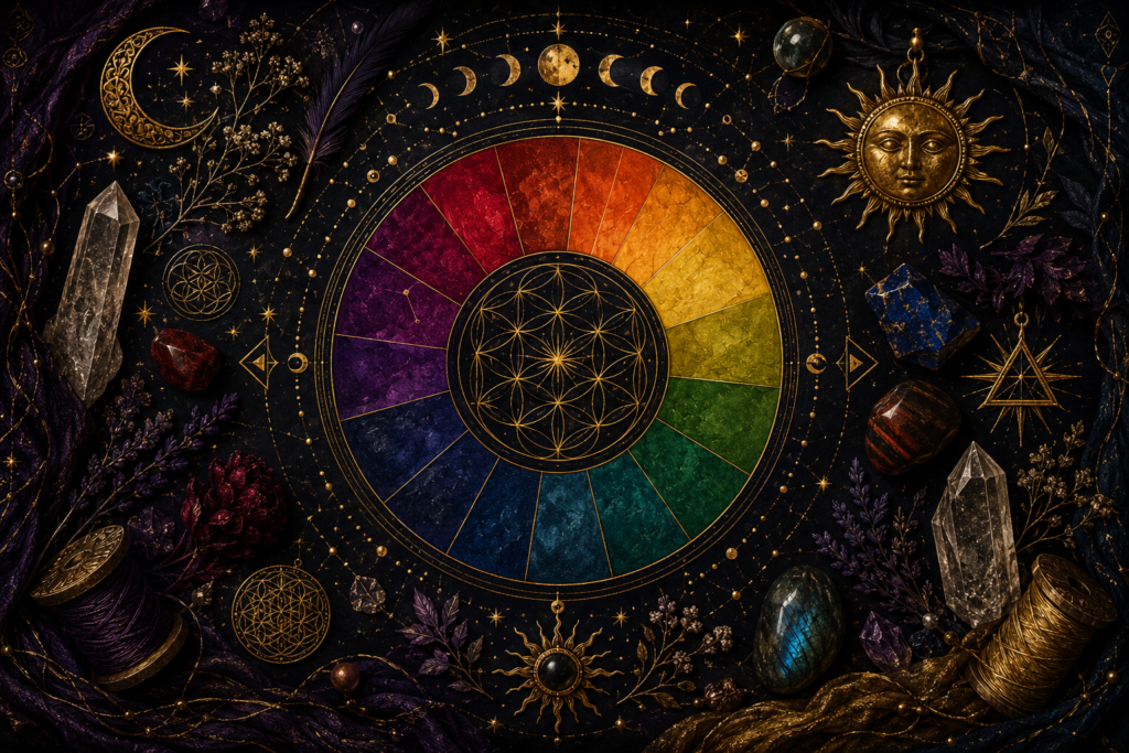 Illustration symbolique représentant les couleurs et leurs correspondances dans un univers alchimique, entre pierres, éléments, cycles naturels et symboles, dans un style noir et or.