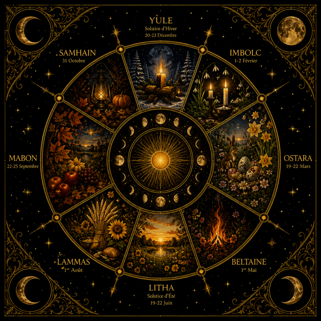 Les Fêtes de la Roue de l'Année, illustration représentant les huit fêtes saisonnières du cycle païen dans un style alchimique noir et or