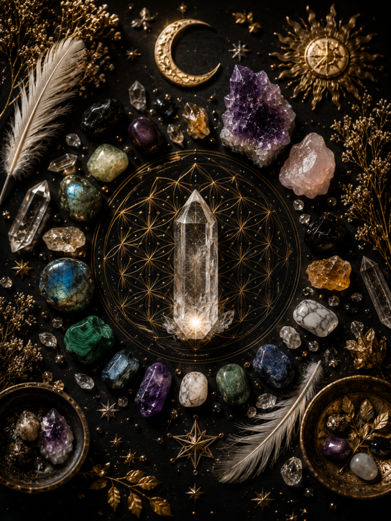 Illustration symbolique des pierres, réunies autour d'un cristal de roche sur une géométrie sacrée, dans un univers alchimique noir et or.