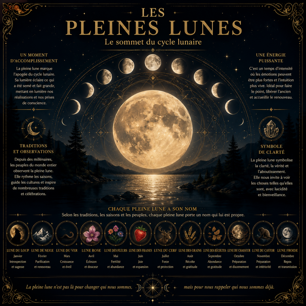 Illustration symbolique des Pleines Lunes, représentant le sommet du cycle lunaire et les différentes pleines lunes traditionnelles au fil de l'année.