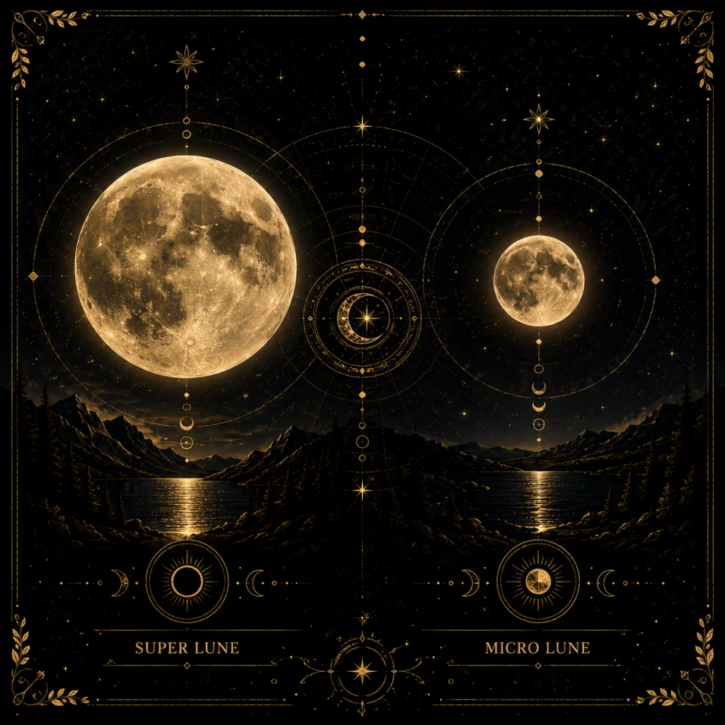 Les Super Lunes et Les Micro Lunes Illustration symbolique d'une Super Lune et d'une Micro Lune, représentant les variations apparentes de la taille de la Lune au cours de son orbite autour de la Terre.
