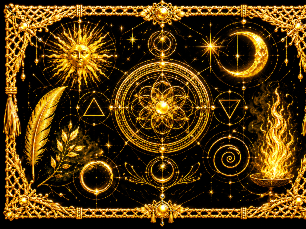 Composition lumineuse de symboles dorés avec Soleil, Lune, plume, végétal, spirale, feu et géométrie sacrée dans un cadre tissé.