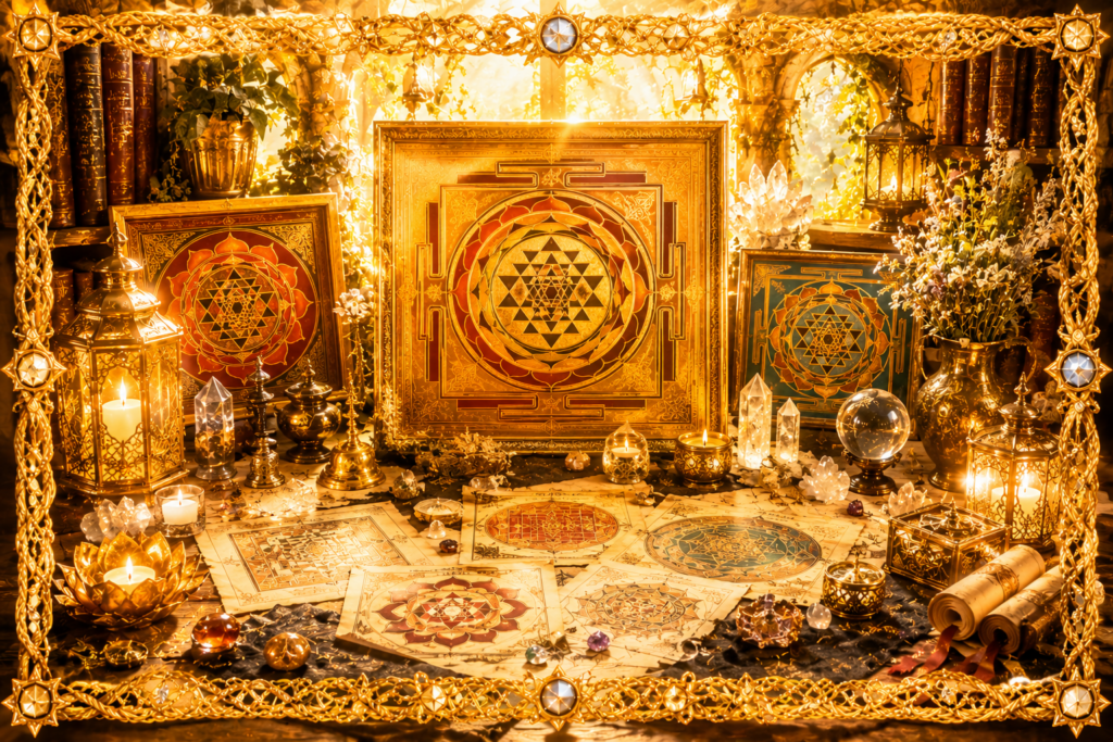 Yantras sacrés dorés présentés sur un autel alchimique lumineux, entourés de cristaux, de bougies, de manuscrits et de livres anciens.