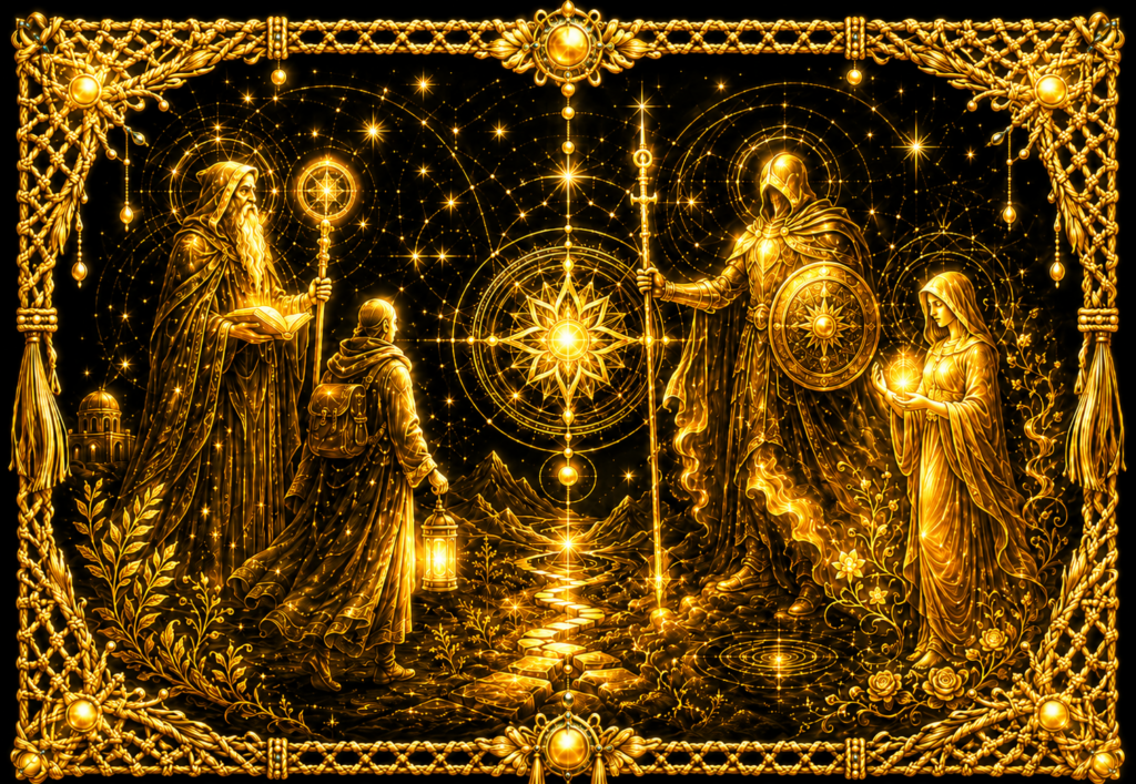 Figures archétypales dorées représentant le Sage, le Voyageur, le Gardien et la Porteuse de lumière, dans un cadre tissé.