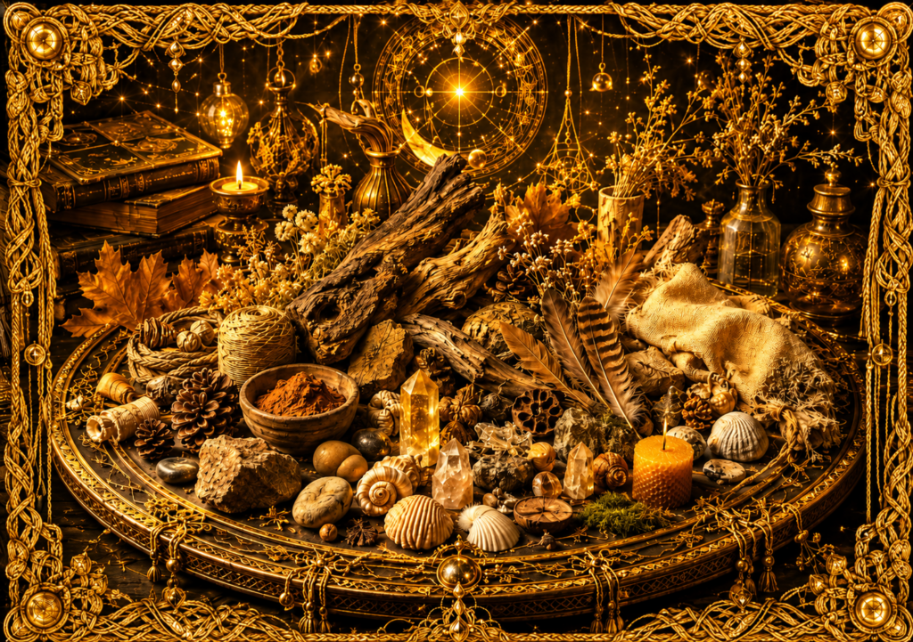 Composition de matières naturelles sur un autel sombre, avec bois, pierres, cristaux, coquillages, plumes, feuilles, fleurs séchées et tissu brut.